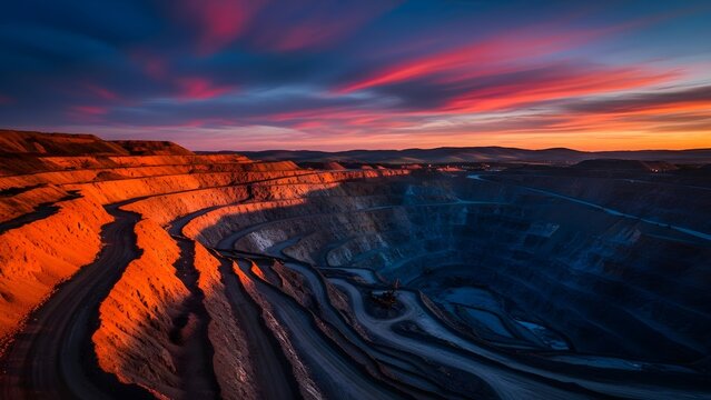 Aerial view of a large quarry with vibrant orange and blue hues at sunset, showcasing layered earth formations and a dramatic sky.