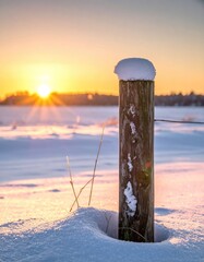 Snowy post against a sunrise sky