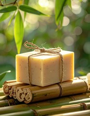 Natural soap on bamboo mat outdoor