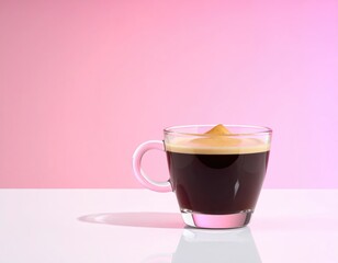 Coffee cup atop white surface, pink backdrop
