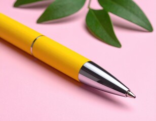 Yellow pen & green leaves on pink ground