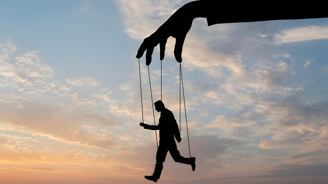 A silhouette of a giant hand manipulating a human puppet with strings against a dramatic sunset sky, symbolizing control and power.