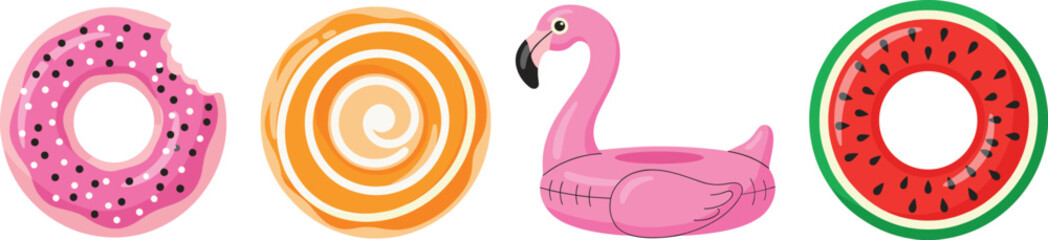 Colorful summer inflatable pool floats vector set with donut flamingo watermelon ring and sweet dessert shapes © Sarmen Creative