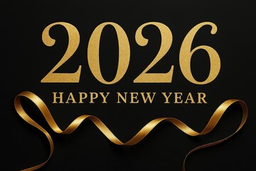 New Year 2026, the year of the New Year and a gold ribbon on a black background.