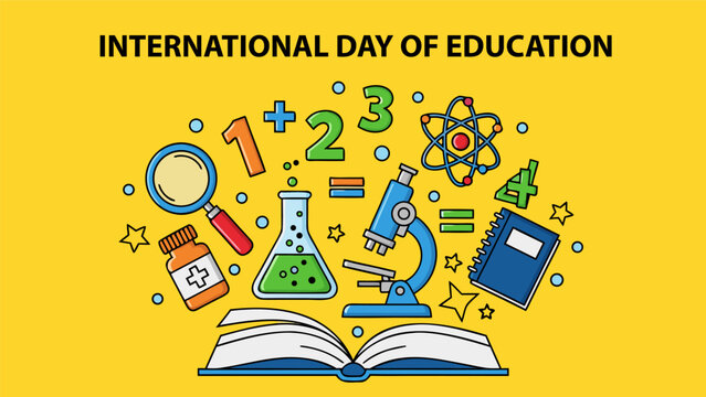 Vibrant vector illustration of educational elements and science equipment on a bright yellow background for International Day of Education