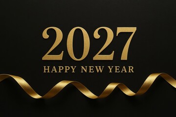New Year 2027, the year of the New Year and a gold ribbon on a black background.