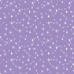 White stars and constellations on purple background. Seamless celestial pattern with lines and glowing shapes. Vector design