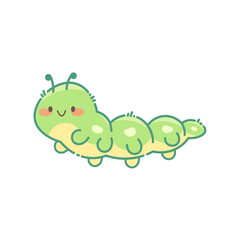Kawaii caterpillar on white background. Cartoon insect, vector isolated icon for games and kids designs. Spring illustration