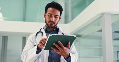 Walking, doctor and tablet with man in hospital for typing, surgery schedule and healthcare. Digital records, tech and medical advice with person in clinic for treatment research and planning - Powered by Adobe