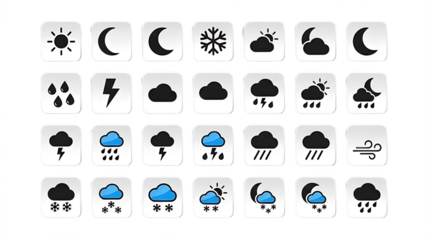 A collection of weather icons on a black background