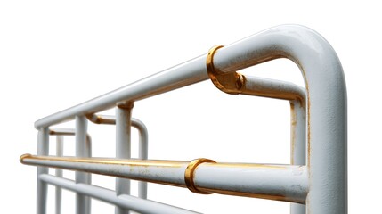 Close up of white metal railing with decorative gold accents and curves