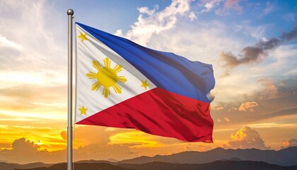 "Philippine national flag waving at sunset with sun, stars, and vibrant sky backdrop."