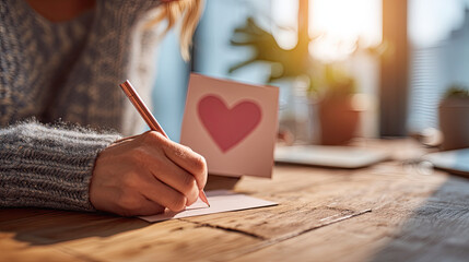 Woman writing a Valentine's card with a heart illustration