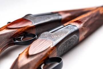 Detailed view of two ornate wooden stocked side by side shotguns