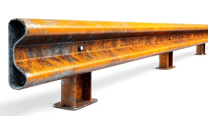 A weathered orange and black metal guardrail stands against a white background