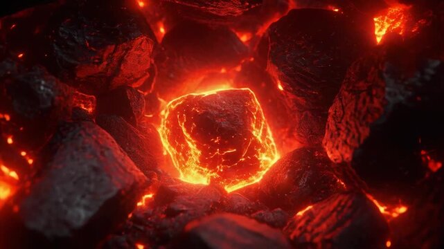 Glowing red hot coals with burning embers in darkness.