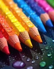Colorful pencils covered in water droplets