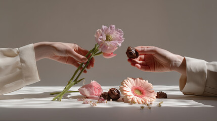 Hands exchanging flowers and chocolates, soft natural lighting