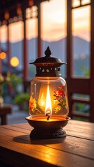 Lit oil lamp on wooden table at dusk