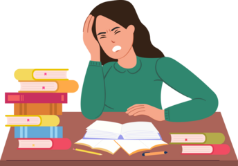 Tired depressed frustrated student preparing for exams or tests vector illustration design
