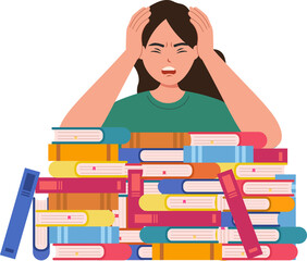 exam preparation with textbooks pile frustrated woman student in panic prepare school or college test