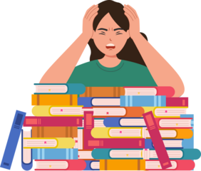 exam preparation with textbooks pile frustrated woman student in panic prepare school or college test
