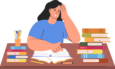 Stressed woman studying before college exams preparing for test at home with books vector illustration