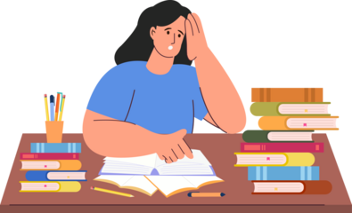 Stressed woman studying before college exams preparing for test at home with books vector illustration