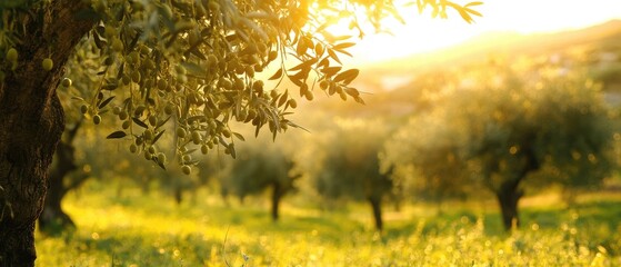 Sunlit olive trees in a golden field at sunset