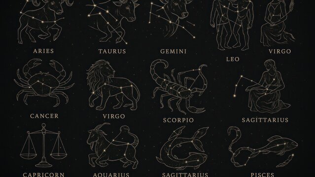 Zodiac constellations on dark.