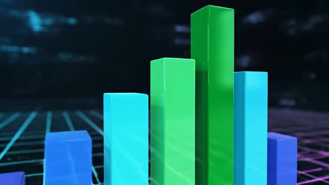 Abstract 3 d graph bars rise and fall on a grid background