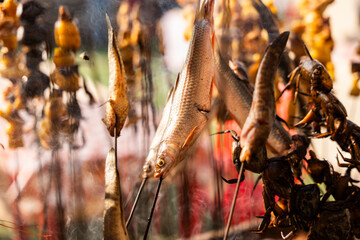 Fresh fish and river crabs are skewered and roasted over an open fire at a food stall during Magh Bihu celebrations