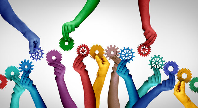 Joining The Team and filling in the gaps as individuals join a chain of workers or employees connected together as diverse hands holding gears and cogs representing business success and employee