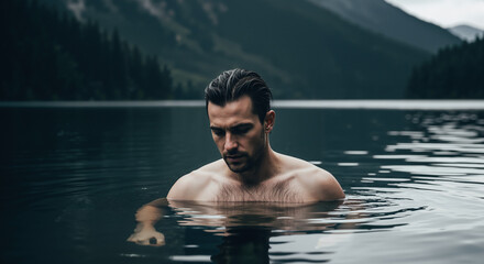Shirtless man doing a cold plunge in a dark alpine lake for cold exposure therapy and wellness.