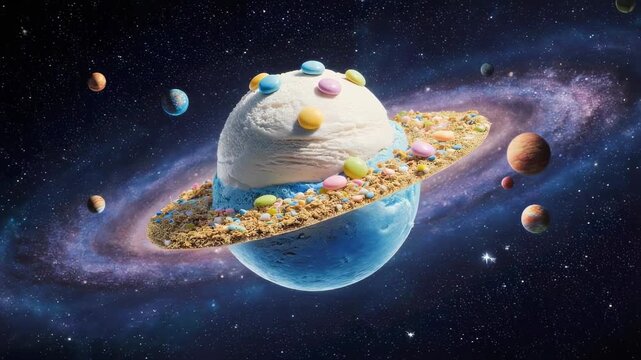 A whimsical planet made of ice cream and candy orbits a nebula