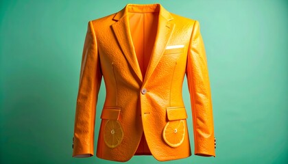 A surreal orange blazer with citrus pockets floats against a teal background, creating a striking surreal visual effect.
