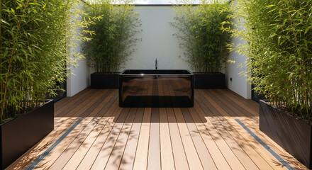 Luxury cold plunge tub on a modern wooden patio with bamboo for cold exposure wellness routine.
