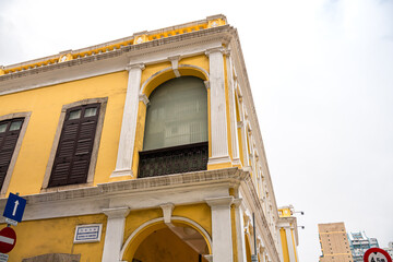 A carved stone balcony in the historical part of Macau