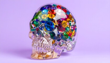 Naklejka premium A surreal scene of a crystal skull adorned with colorful gems on a purple background.