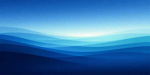 An abstract blue background featuring flowing waves of light that mirror the beauty of a summer sea and horizon under a serene sunset sky with soft cloud reflections