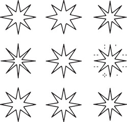 Fototapeta premium Collection of nine unique jagged star outline icons vector set on transparent background