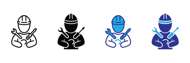 Vector illustration icon four different colored icons of construction workers with tools isolated on white background for design and development purposes easily customizable