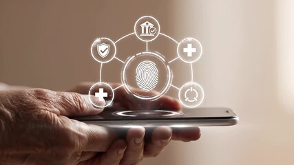 Digital health insurance interface with medical icons including hospital, shield, cross symbols above tablet device. Healthcare technology for online services, telemedicine applications, patient care - Powered by Adobe