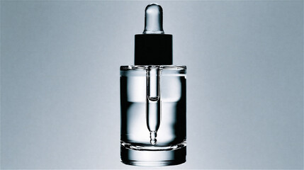 Clear glass dropper bottle with black cap standing on a neutral grey background, studio product...