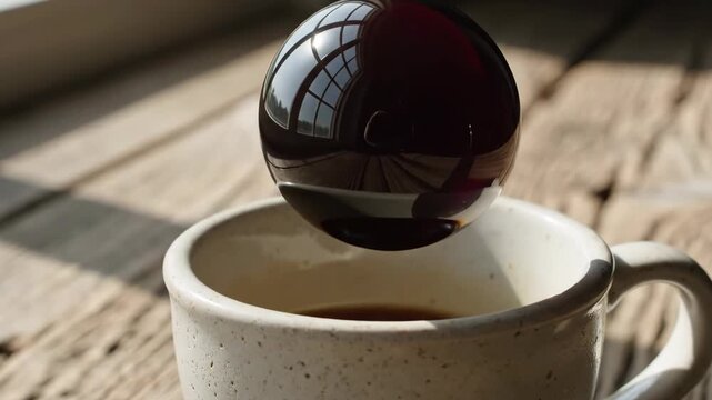 Cinematic macro shot of a floating coffee sphere rising from a ceramic cup on a rustic wooden table with artistic morning sunlight