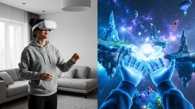 Split screen comparison of woman using VR headset at home and her breathtaking point of view inside vibrant metaverse world