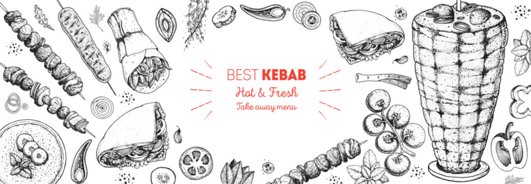 Best Kebab Hot and Fresh Take Away Menu Banner. Hand Drawn Sketch Style Middle Eastern Food Background with Shawarma, Skewers, Doner Kebab, and Fresh Vegetables. Mediterranean Restaurant Header