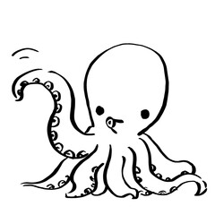 タコが手招きしている筆の線画モノクロのイラスト