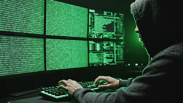 Hacker typing on keyboard, green digital code on computer screens, cybercrime concept