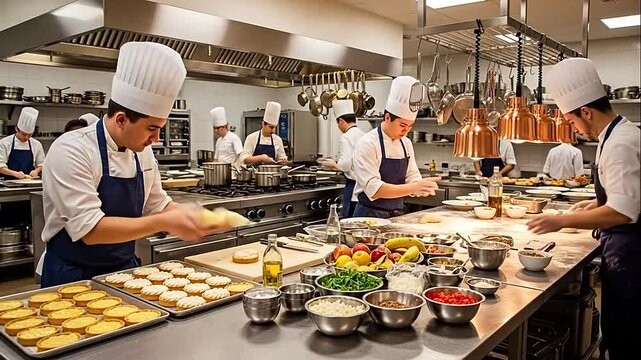 Professional chefs diligently preparing pastries and fresh ingredients in a bustling commercial kitchen